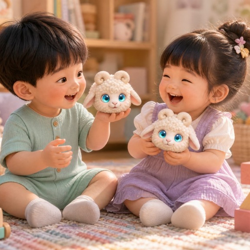 孩子与咩咩羊一起玩耍